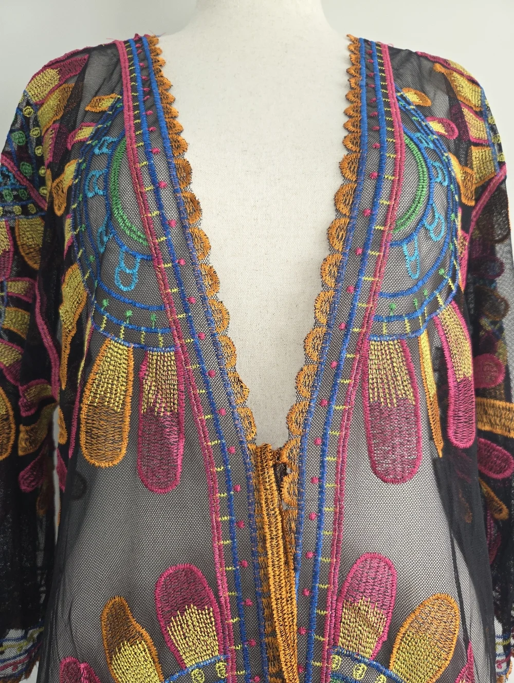 Rachel Zoe Black Sheer Multicolor Embroidered Kimono Cover-Up Size OS - Picture 5 of 8